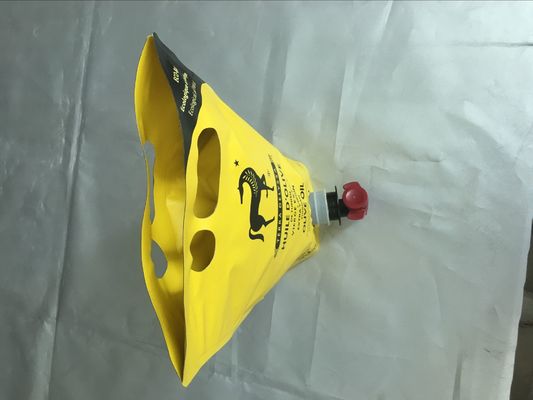 रस / तेल / शराब के लिए टोंटी / स्पिगोट के साथ 3 लीटर पीला प्रिंटेड स्टैंड अप पाउच