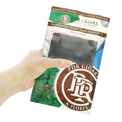 स्पष्ट विंडो के साथ कस्टम रीसेलेबल फॉयल ज़िप लॉक थ्री साइड सील नेचुरल लीफ सिगार रैप्स मॉइस्चराइजिंग प्लास्टिक पैकेजिंग बैग