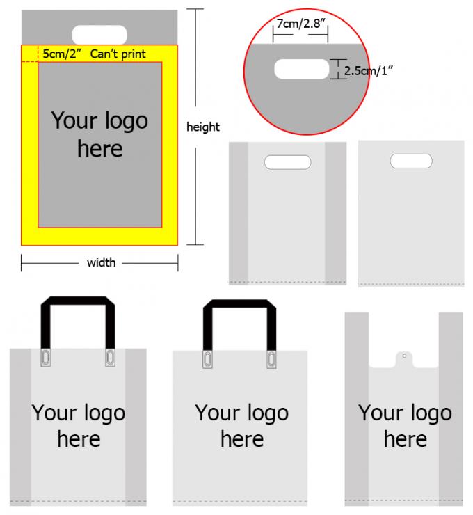 एचडीपीई / एलडीपीई डाई कट पैच हैंडल कस्टम प्लास्टिक मर्केंडाइज रिटेल बैग्स अपने लोगो के साथ
